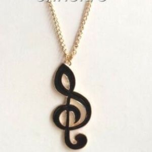 BIG Gold Music Clef Note Necklace 30" Hip Hop Black Enamel Statement Piece